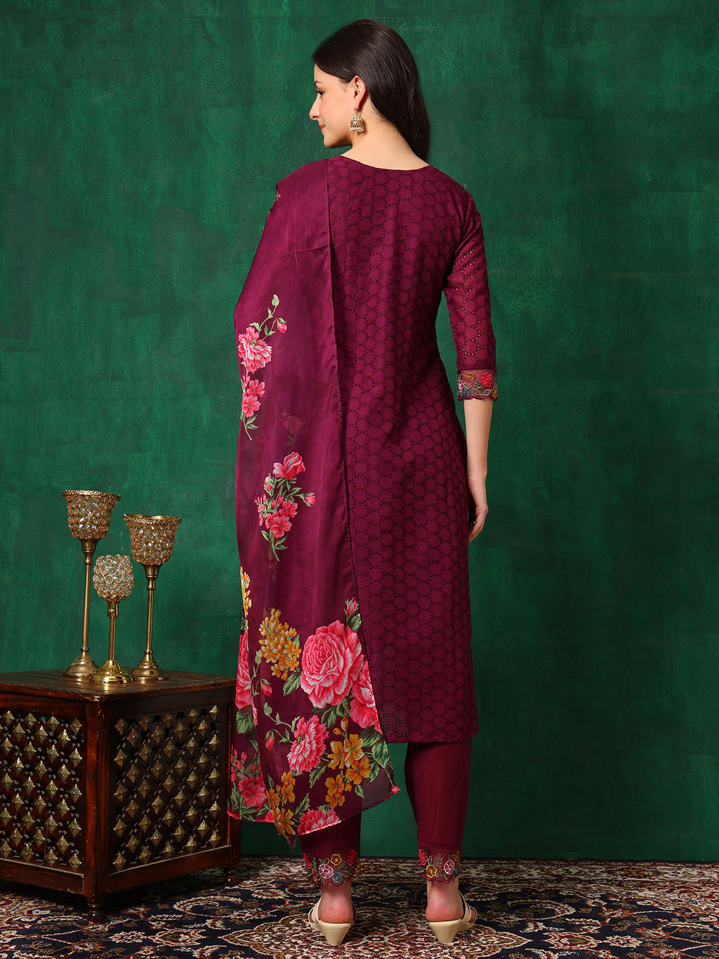 Applique Placement Embroidered Kurta With Pant & Dupatta, Wine - Hiral Fashion - Distacart
