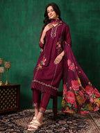 Applique Placement Embroidered Kurta With Pant & Dupatta, Wine - Hiral Fashion - Distacart
