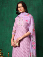 Embroidered Chikankari Kurta With Pant & Dupatta, Lavender - Hiral Fashion - Distacart