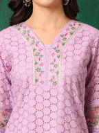 Embroidered Chikankari Kurta With Pant & Dupatta, Lavender - Hiral Fashion - Distacart
