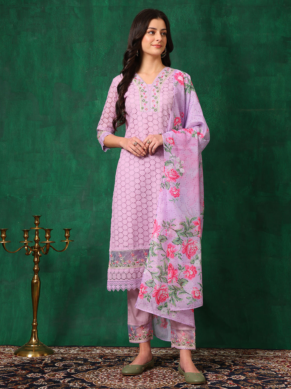 Embroidered Chikankari Kurta With Pant & Dupatta, Lavender - Hiral Fashion - Distacart