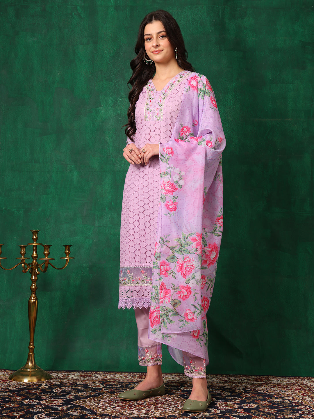 Embroidered Chikankari Kurta With Pant & Dupatta, Lavender - Hiral Fashion - Distacart