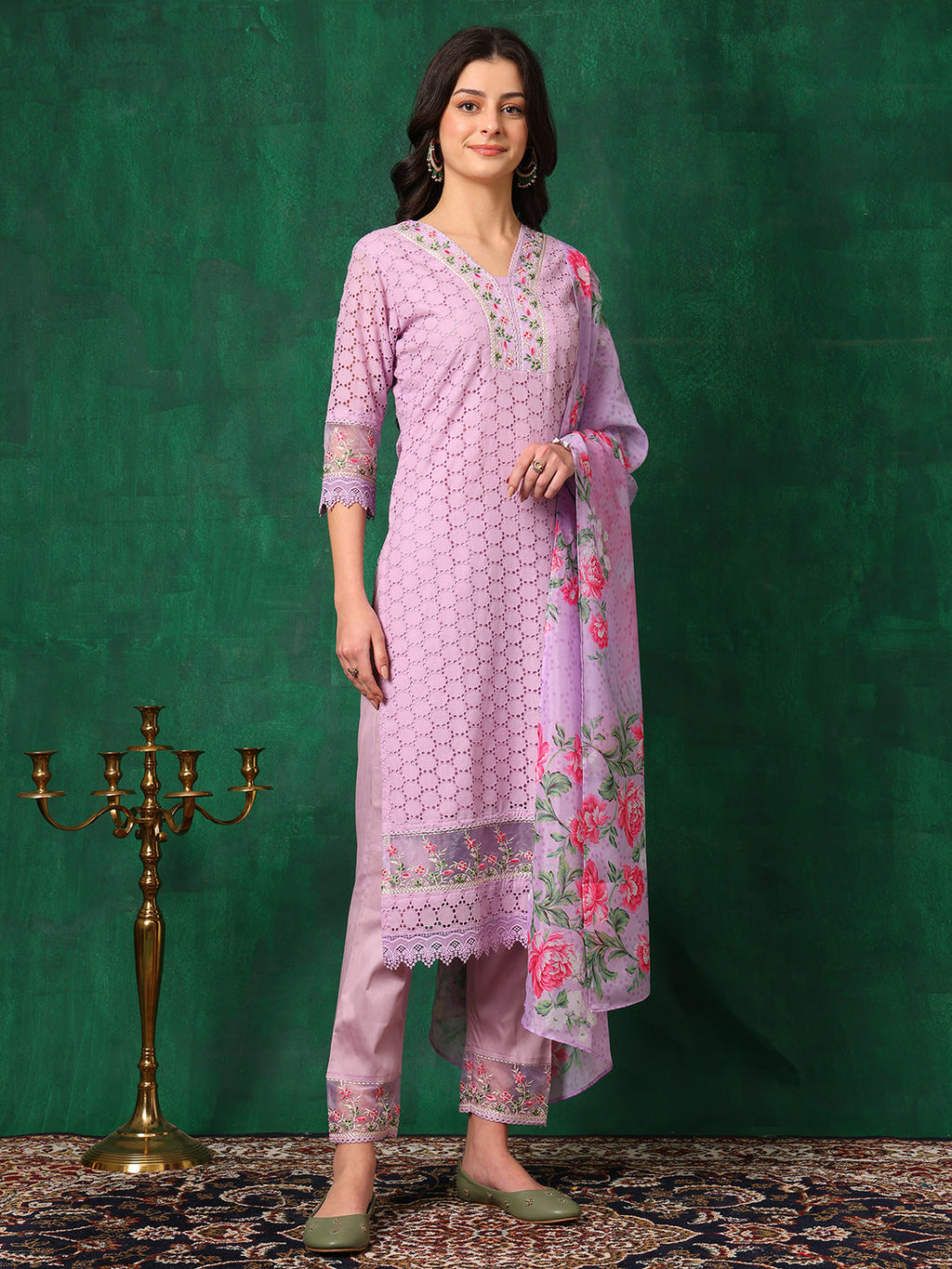 Embroidered Chikankari Kurta With Pant & Dupatta, Lavender - Hiral Fashion - Distacart