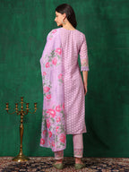 Embroidered Chikankari Kurta With Pant & Dupatta, Lavender - Hiral Fashion - Distacart