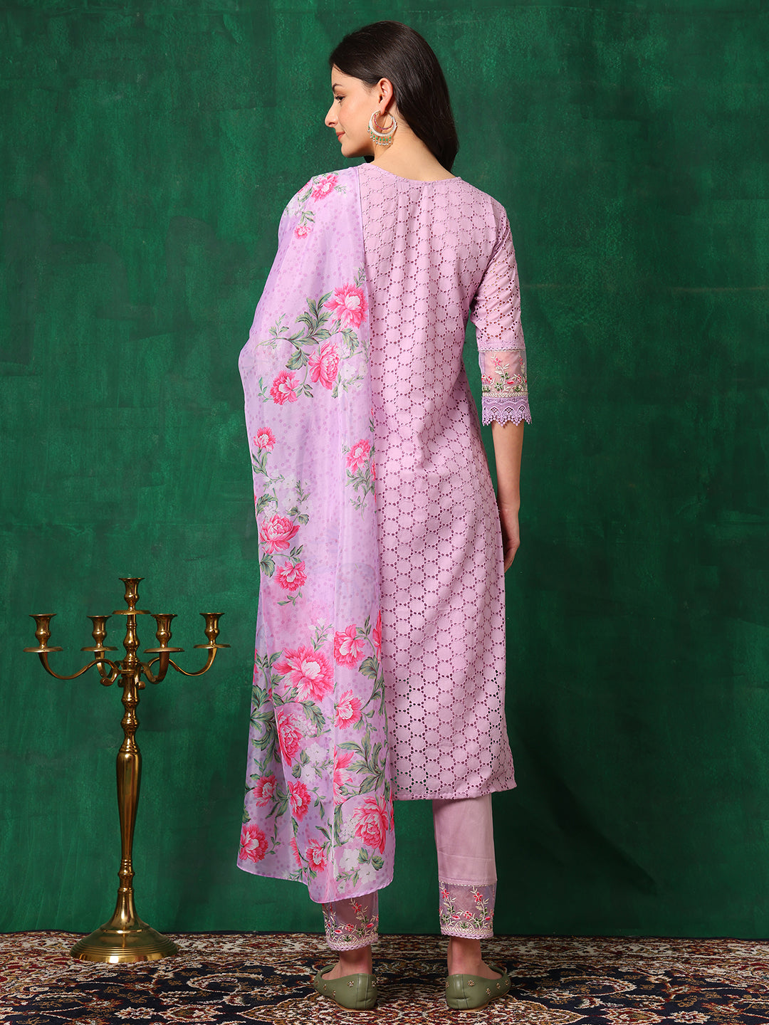 Embroidered Chikankari Kurta With Pant & Dupatta, Lavender - Hiral Fashion - Distacart