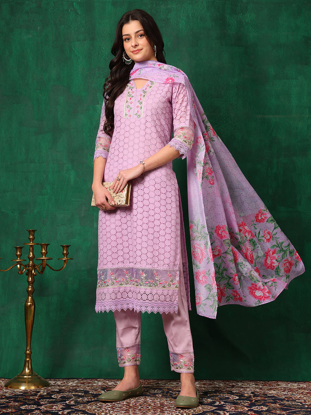 Embroidered Chikankari Kurta With Pant & Dupatta, Lavender - Hiral Fashion - Distacart