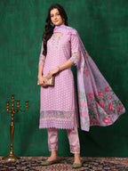 Embroidered Chikankari Kurta With Pant & Dupatta, Lavender - Hiral Fashion - Distacart