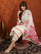Chikankari & Embroidered Kurta With Pant & Floral Printed Dupatta, Cream - Hiral Fashion