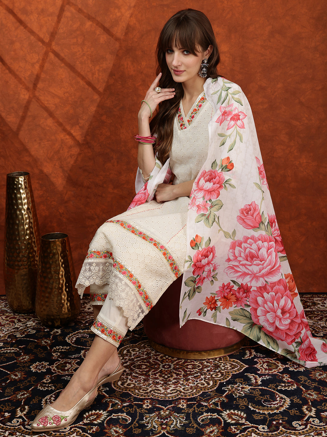 Chikankari & Embroidered Kurta With Pant & Floral Printed Dupatta, Cream - Hiral Fashion