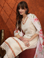 Chikankari & Embroidered Kurta With Pant & Floral Printed Dupatta, Cream - Hiral Fashion