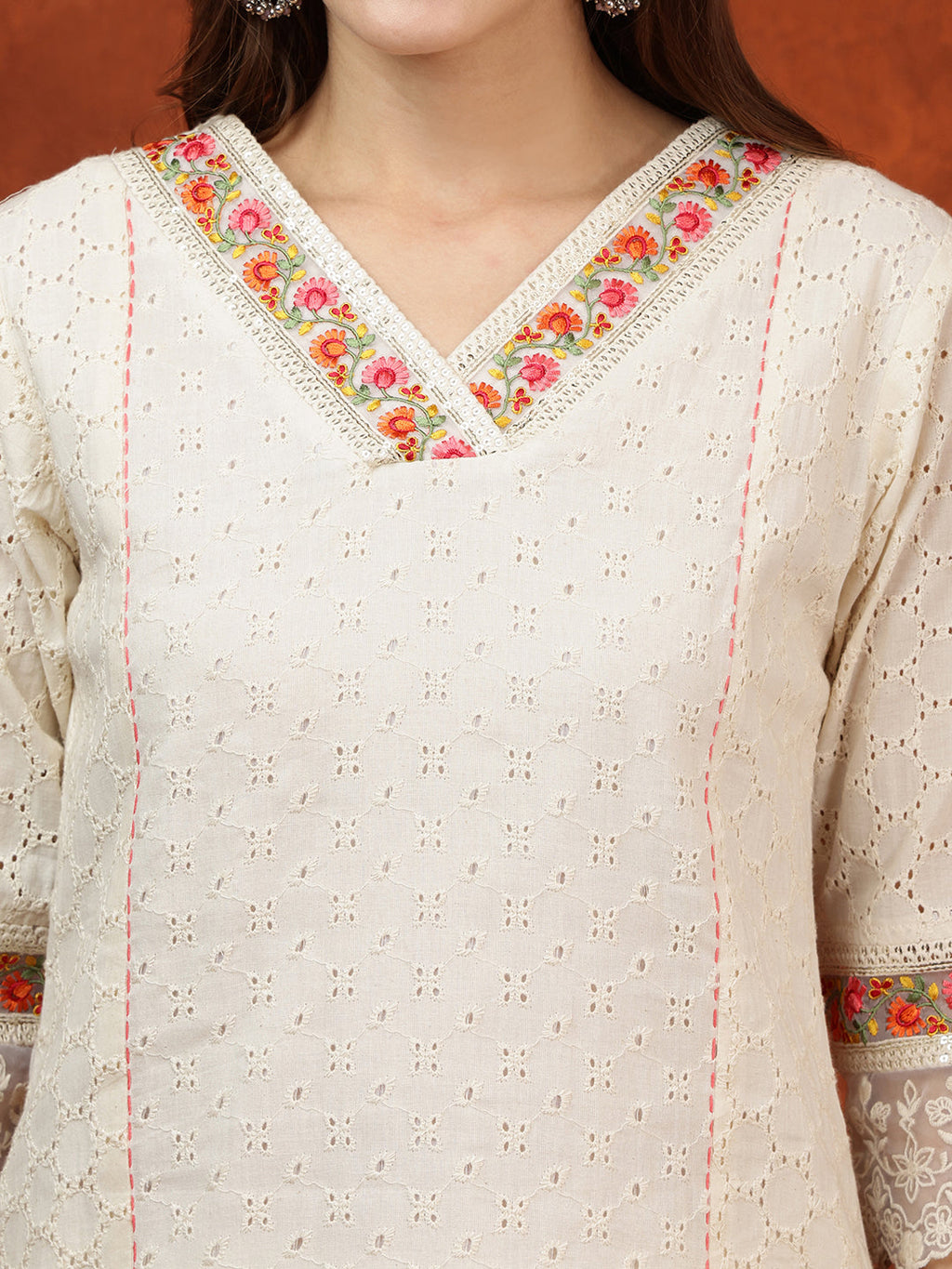 Chikankari & Embroidered Kurta With Pant & Floral Printed Dupatta, Cream - Hiral Fashion
