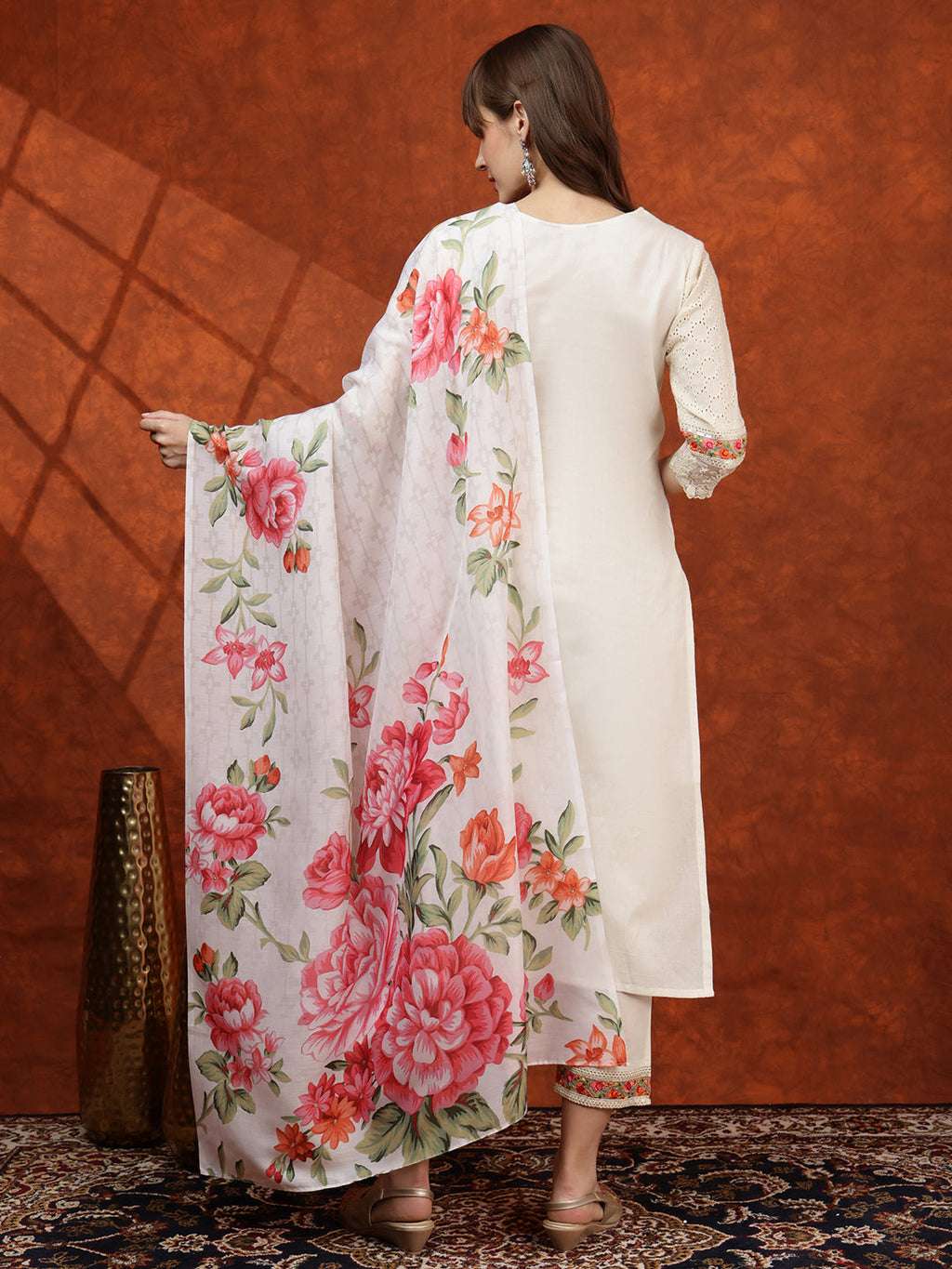 Chikankari & Embroidered Kurta With Pant & Floral Printed Dupatta, Cream - Hiral Fashion