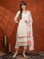 Chikankari & Embroidered Kurta With Pant & Floral Printed Dupatta, Cream - Hiral Fashion