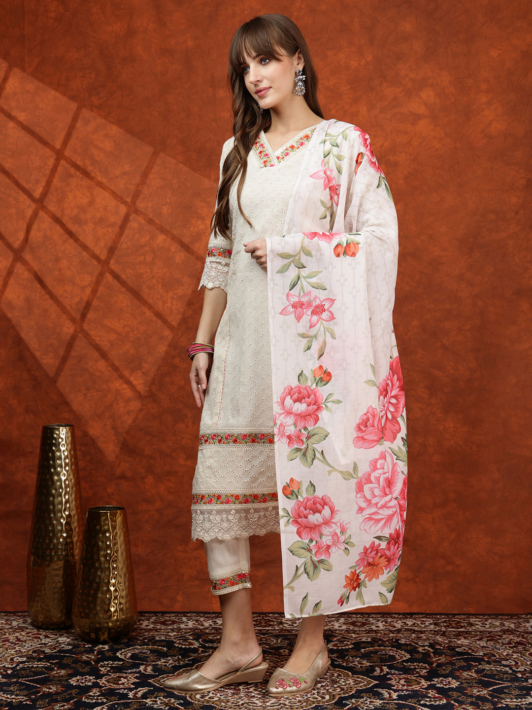 Chikankari & Embroidered Kurta With Pant & Floral Printed Dupatta, Cream - Hiral Fashion
