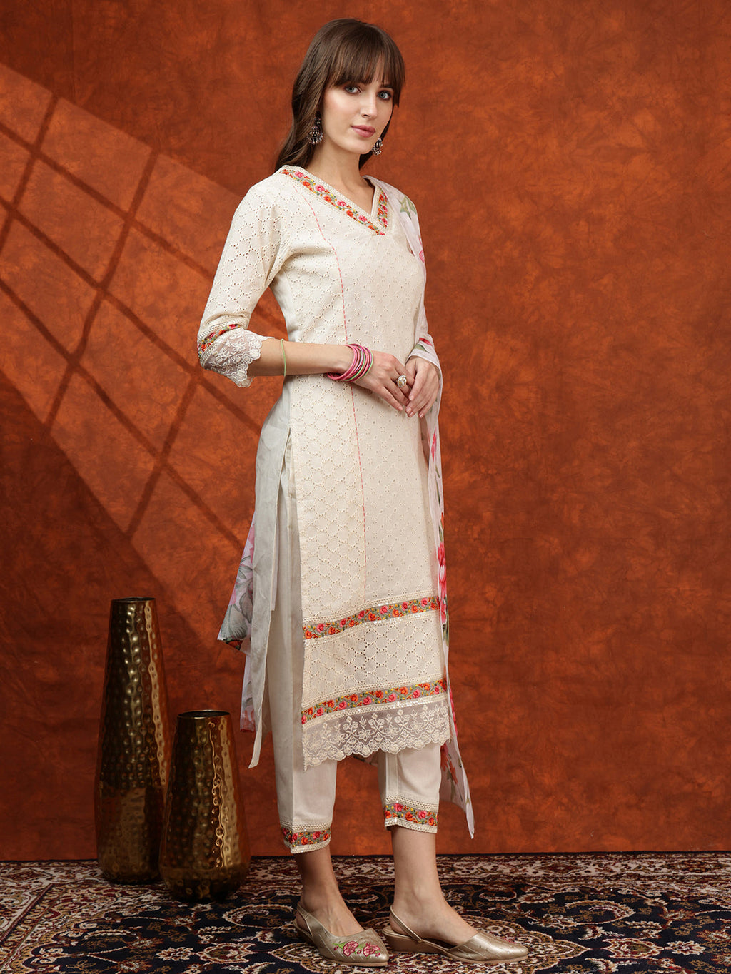 Chikankari & Embroidered Kurta With Pant & Floral Printed Dupatta, Cream - Hiral Fashion