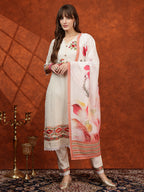 Hand Embroidered & Chikankari Kurta With Pant & Floral Printed Dupatta, Cream - Hiral Fashion - Distacart
