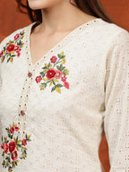 Hand Embroidered & Chikankari Kurta With Pant & Floral Printed Dupatta, Cream - Hiral Fashion - Distacart