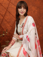 Hand Embroidered & Chikankari Kurta With Pant & Floral Printed Dupatta, Cream - Hiral Fashion - Distacart