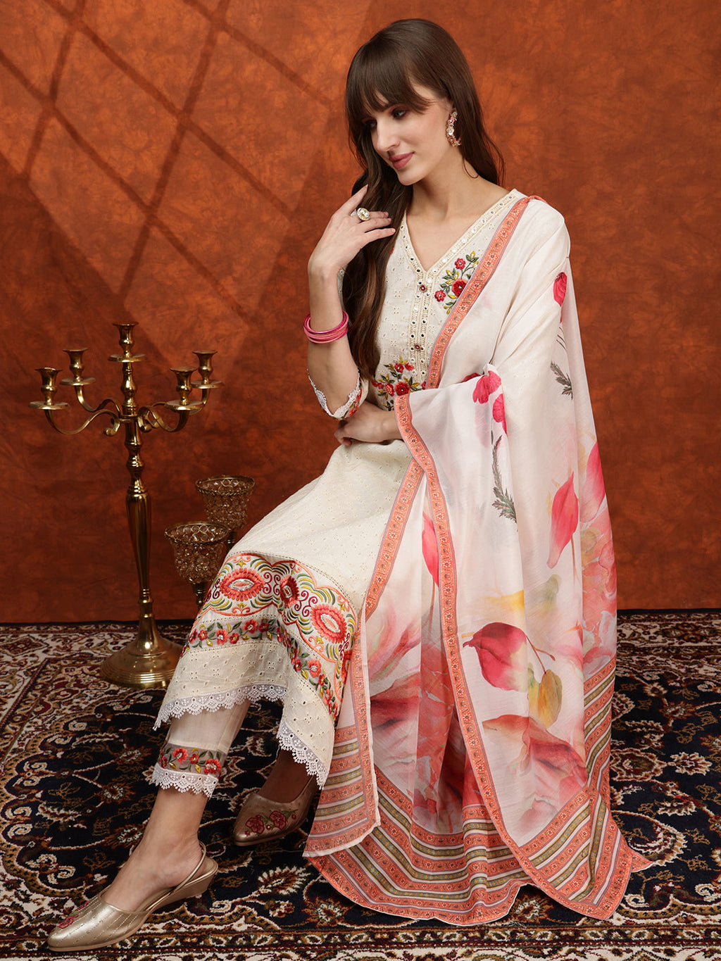 Hand Embroidered & Chikankari Kurta With Pant & Floral Printed Dupatta, Cream - Hiral Fashion - Distacart