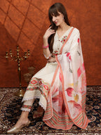 Hand Embroidered & Chikankari Kurta With Pant & Floral Printed Dupatta, Cream - Hiral Fashion - Distacart