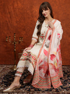 Hand Embroidered & Chikankari Kurta With Pant & Floral Printed Dupatta, Cream - Hiral Fashion - Distacart