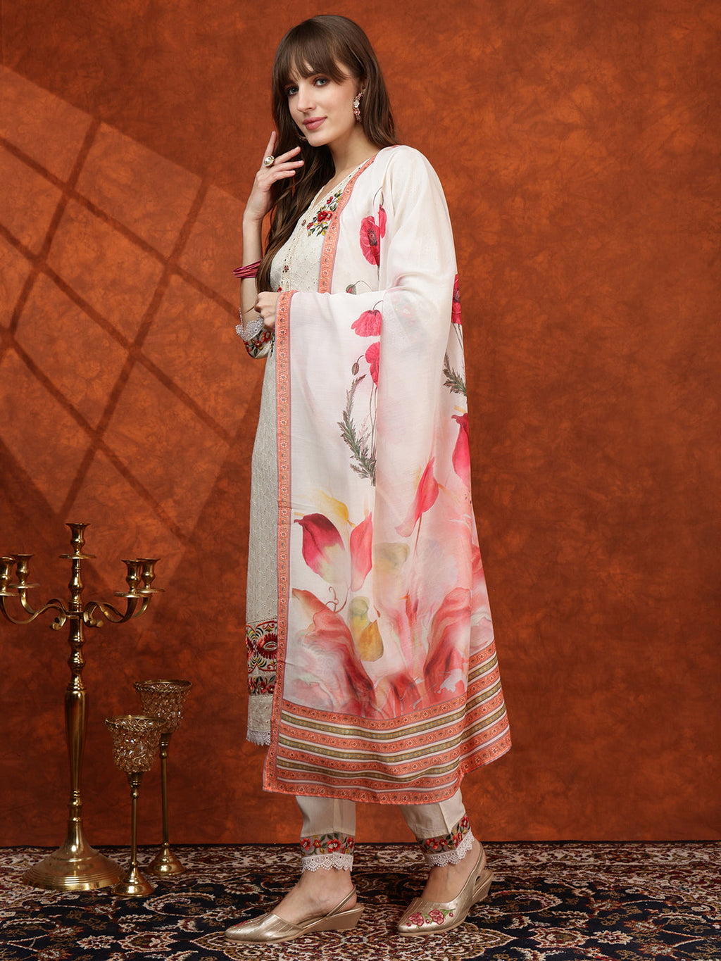 Hand Embroidered & Chikankari Kurta With Pant & Floral Printed Dupatta, Cream - Hiral Fashion - Distacart