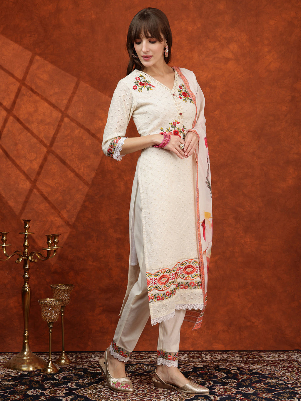 Hand Embroidered & Chikankari Kurta With Pant & Floral Printed Dupatta, Cream - Hiral Fashion - Distacart