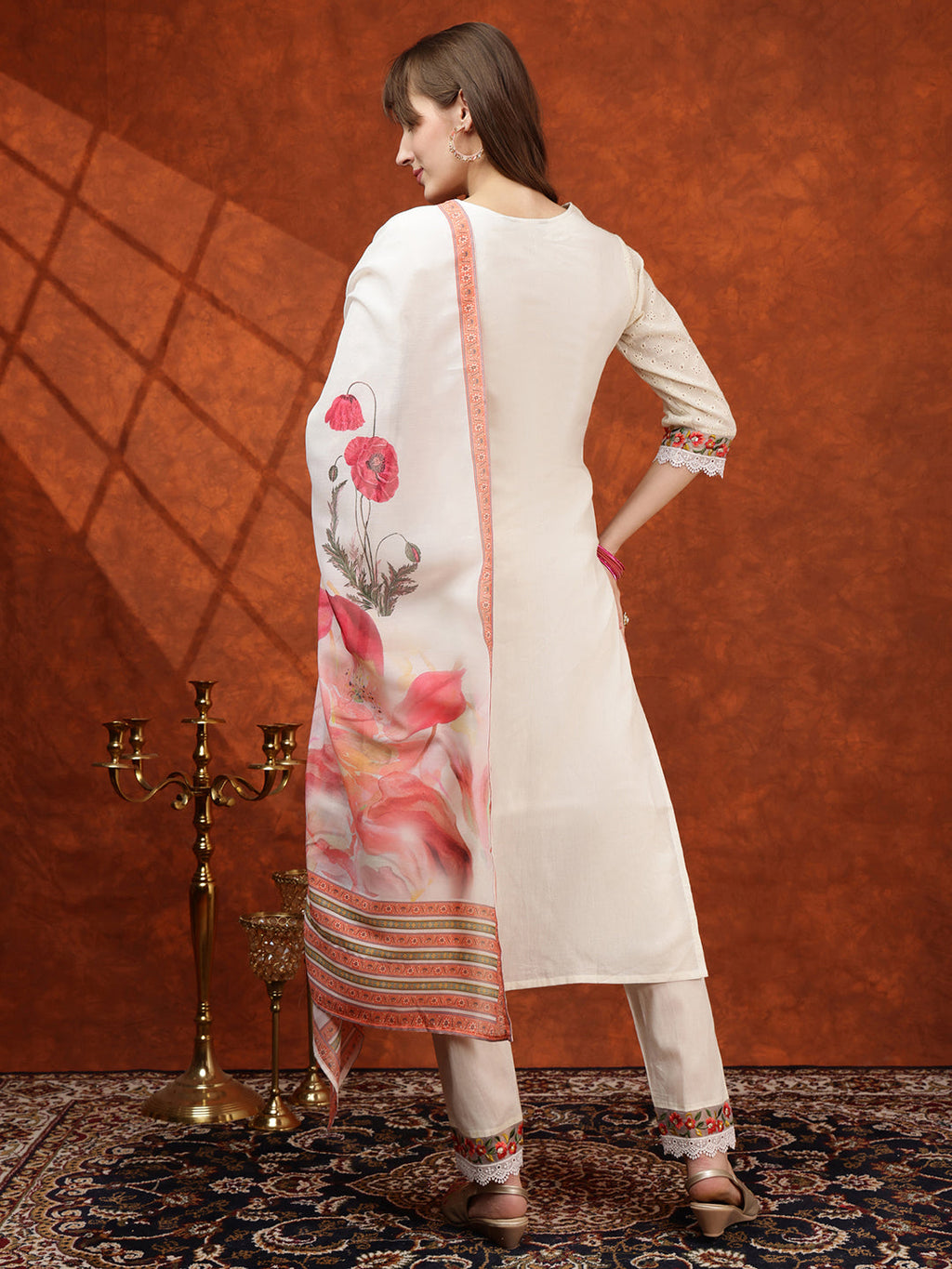 Hand Embroidered & Chikankari Kurta With Pant & Floral Printed Dupatta, Cream - Hiral Fashion - Distacart