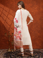 Hand Embroidered & Chikankari Kurta With Pant & Floral Printed Dupatta, Cream - Hiral Fashion - Distacart