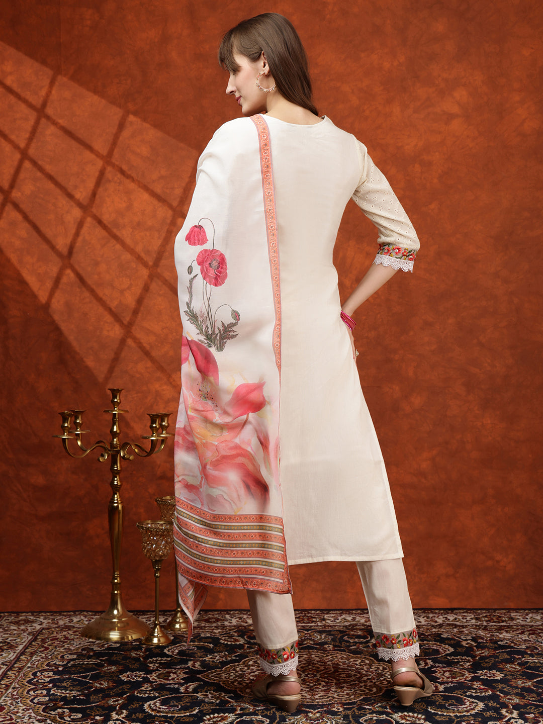 Hand Embroidered & Chikankari Kurta With Pant & Floral Printed Dupatta, Cream - Hiral Fashion - Distacart