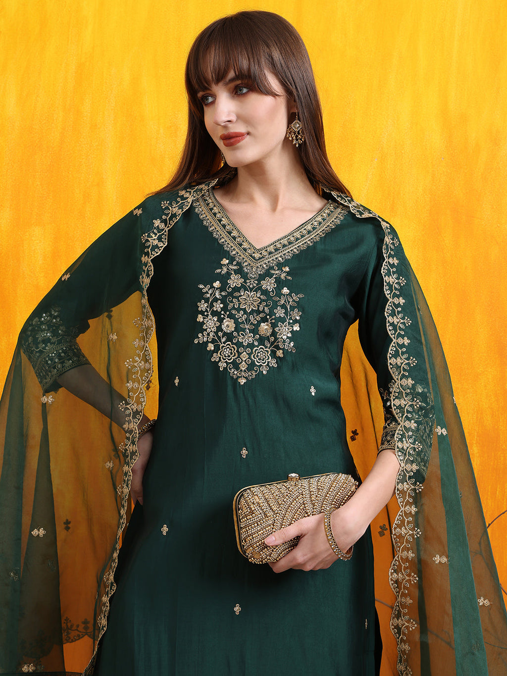 Sequined Embroidered Kurta With Pant & Embroidered Dupatta, Bottle-Green - Hiral Fashion - Distacart