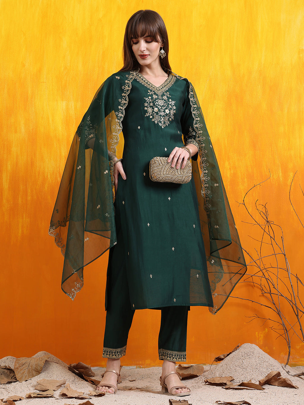 Sequined Embroidered Kurta With Pant & Embroidered Dupatta, Bottle-Green - Hiral Fashion - Distacart
