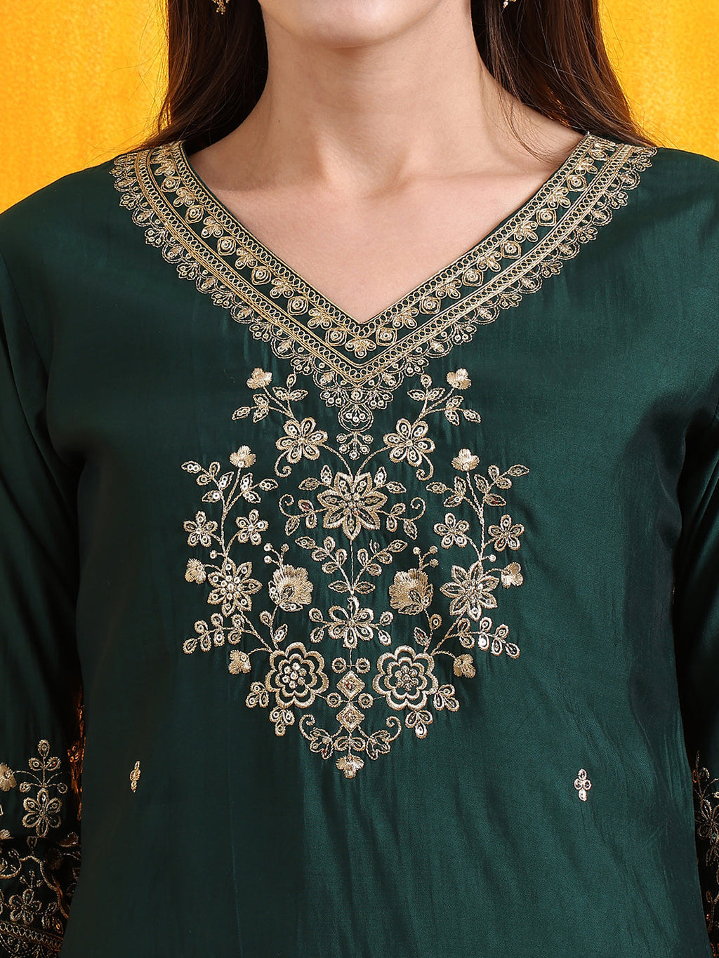 Sequined Embroidered Kurta With Pant & Embroidered Dupatta, Bottle-Green - Hiral Fashion - Distacart