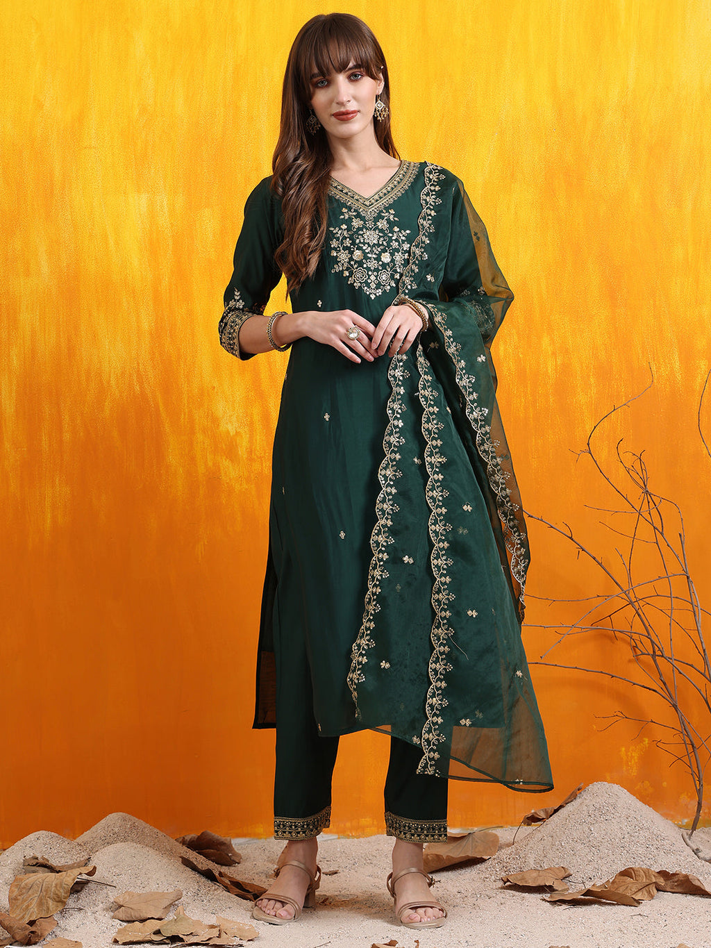 Sequined Embroidered Kurta With Pant & Embroidered Dupatta, Bottle-Green - Hiral Fashion - Distacart