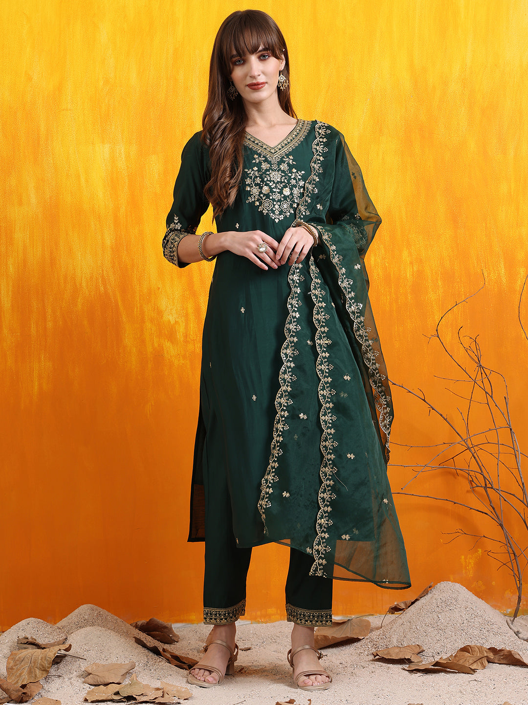 Sequined Embroidered Kurta With Pant & Embroidered Dupatta, Bottle-Green - Hiral Fashion - Distacart