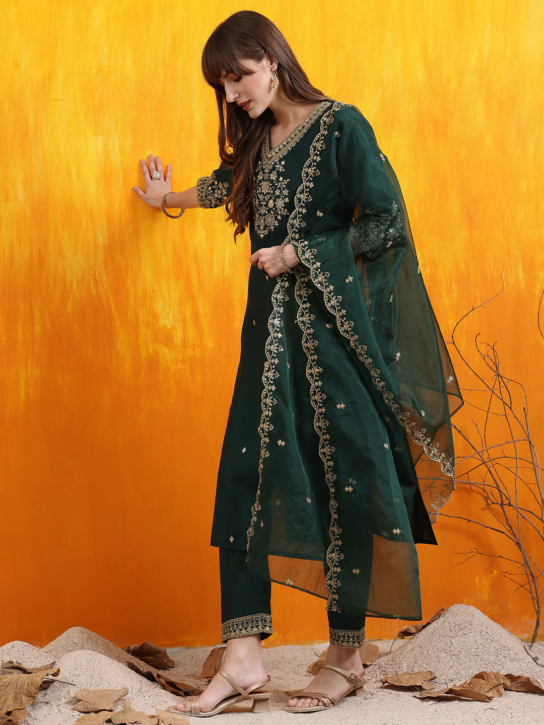 Sequined Embroidered Kurta With Pant & Embroidered Dupatta, Bottle-Green - Hiral Fashion - Distacart