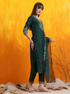 Sequined Embroidered Kurta With Pant & Embroidered Dupatta, Bottle-Green - Hiral Fashion - Distacart