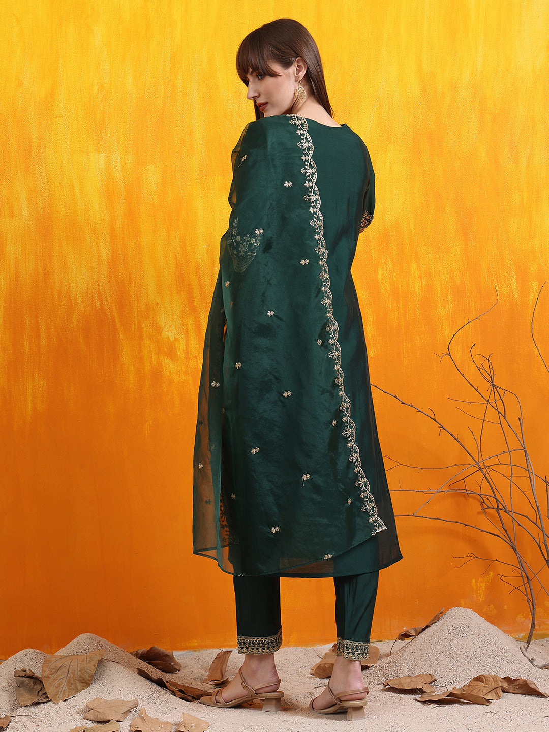 Sequined Embroidered Kurta With Pant & Embroidered Dupatta, Bottle-Green - Hiral Fashion - Distacart