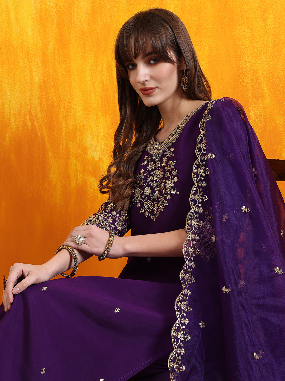 Sequined Embroidered Kurta With Pant & Embroidered Dupatta, Purple - Hiral Fashion - Distacart