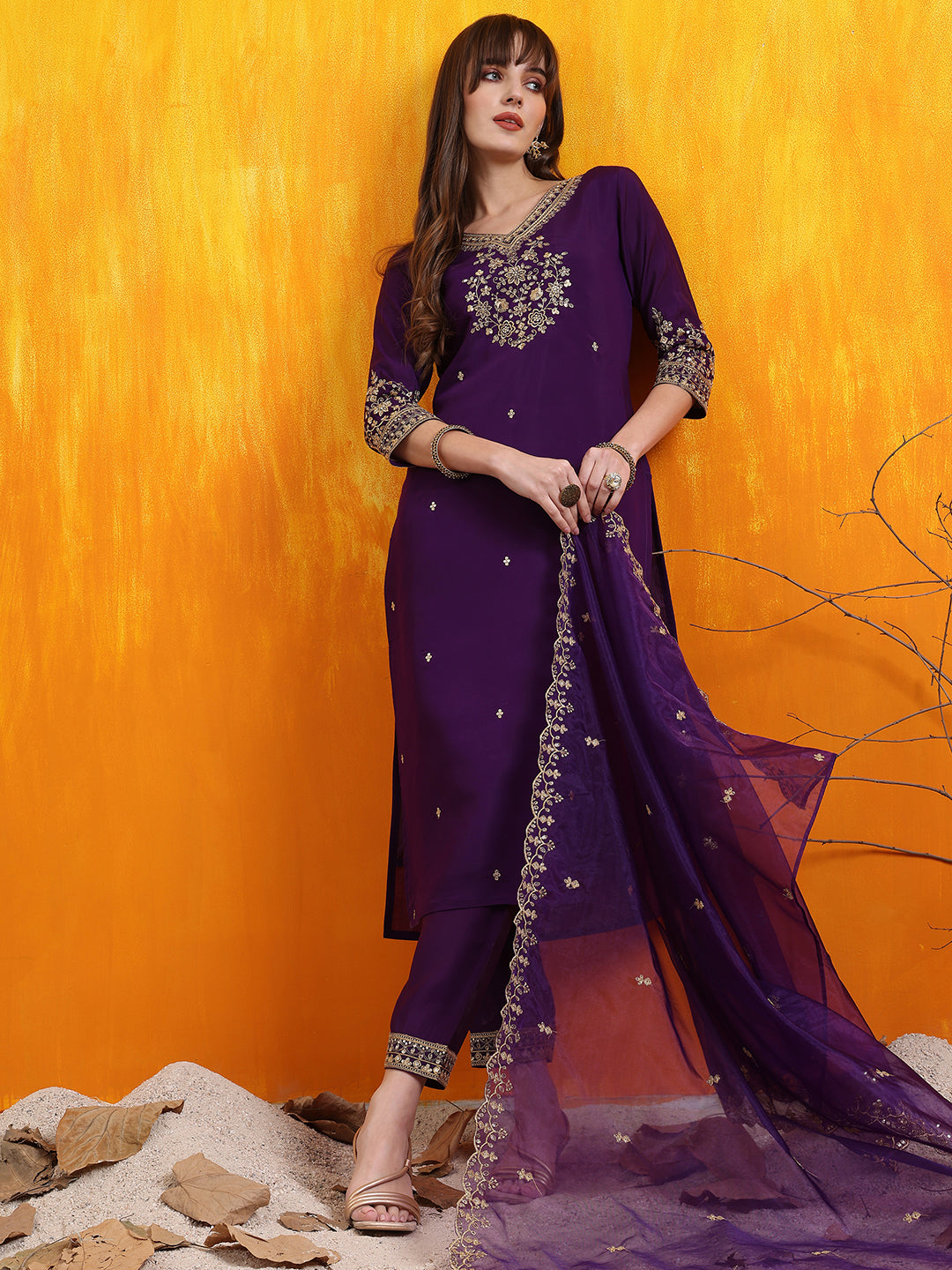 Sequined Embroidered Kurta With Pant & Embroidered Dupatta, Purple - Hiral Fashion - Distacart