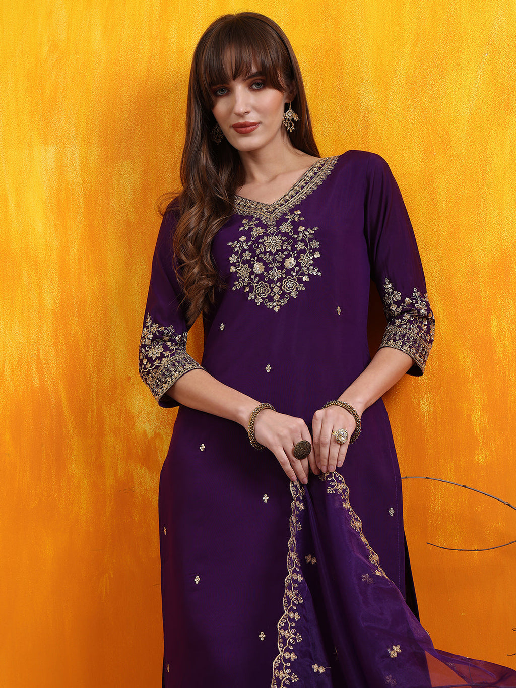 Sequined Embroidered Kurta With Pant & Embroidered Dupatta, Purple - Hiral Fashion - Distacart