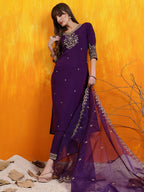 Sequined Embroidered Kurta With Pant & Embroidered Dupatta, Purple - Hiral Fashion - Distacart
