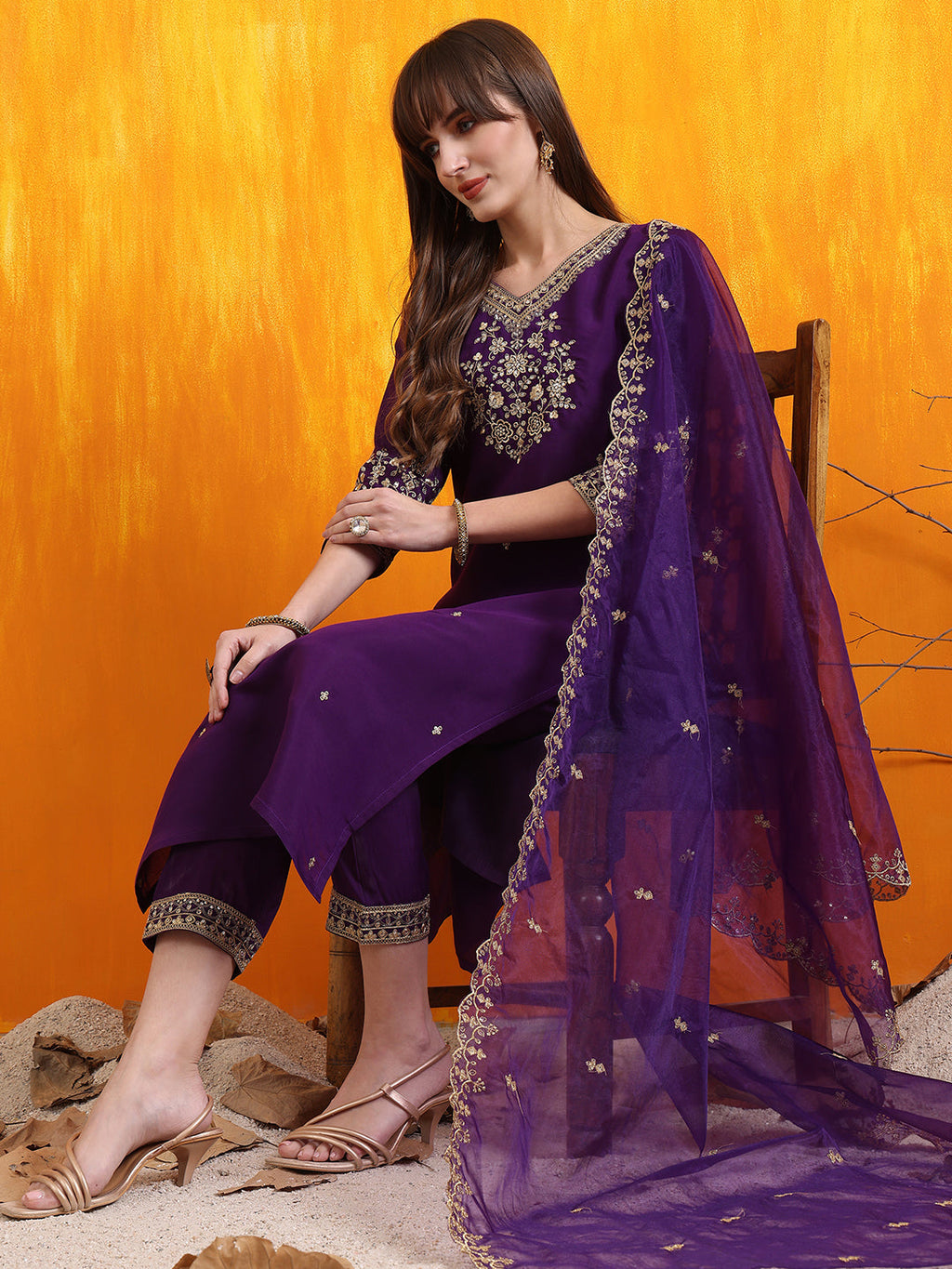 Sequined Embroidered Kurta With Pant & Embroidered Dupatta, Purple - Hiral Fashion - Distacart