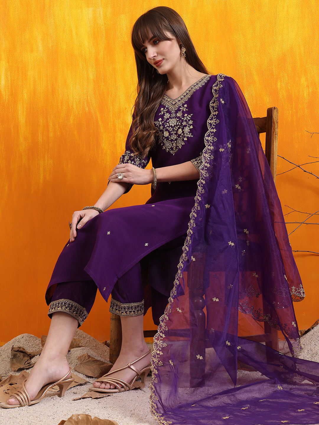 Sequined Embroidered Kurta With Pant & Embroidered Dupatta, Purple - Hiral Fashion - Distacart