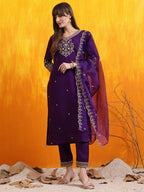 Sequined Embroidered Kurta With Pant & Embroidered Dupatta, Purple - Hiral Fashion - Distacart