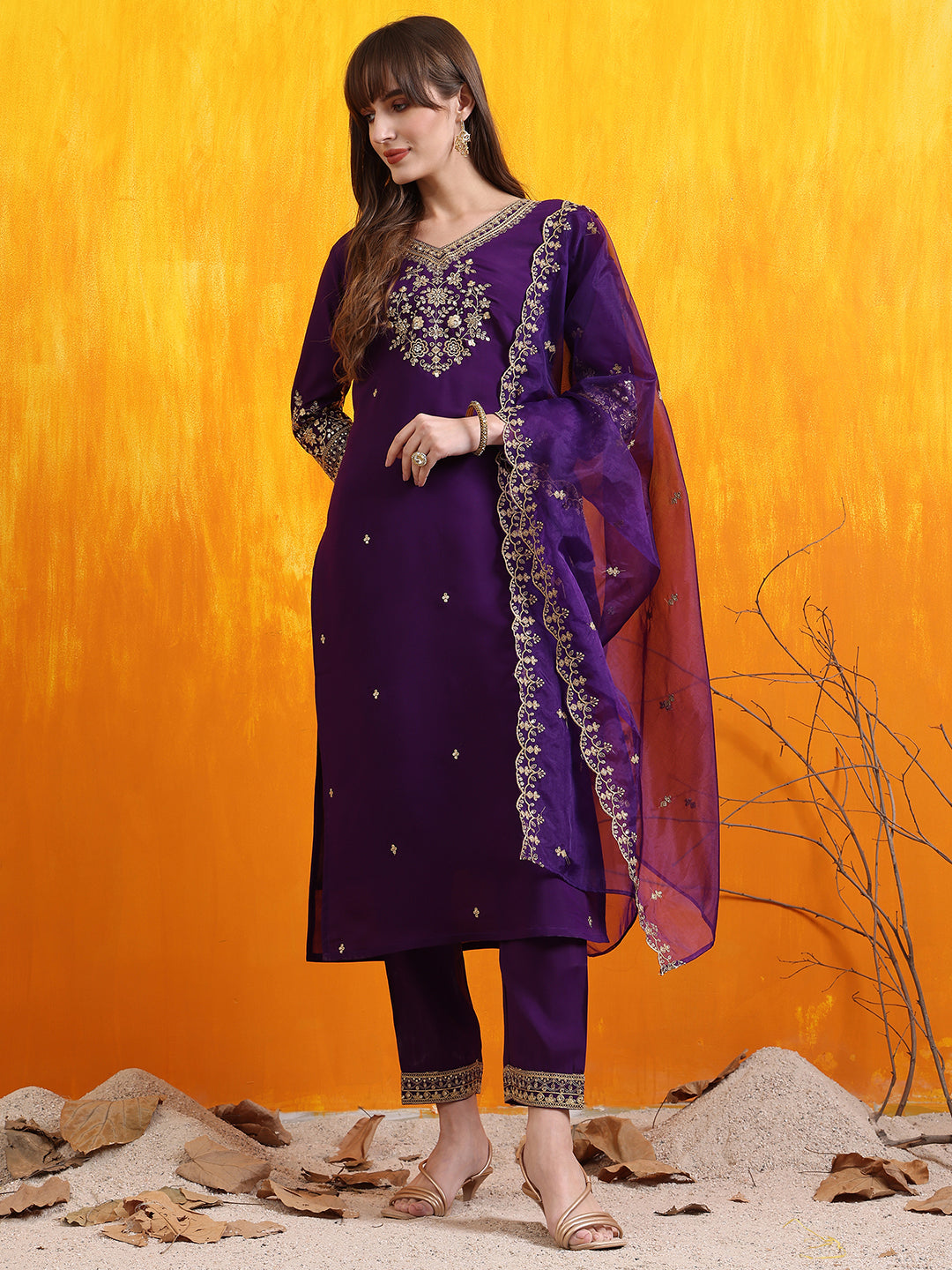 Sequined Embroidered Kurta With Pant & Embroidered Dupatta, Purple - Hiral Fashion - Distacart