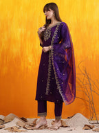 Sequined Embroidered Kurta With Pant & Embroidered Dupatta, Purple - Hiral Fashion - Distacart