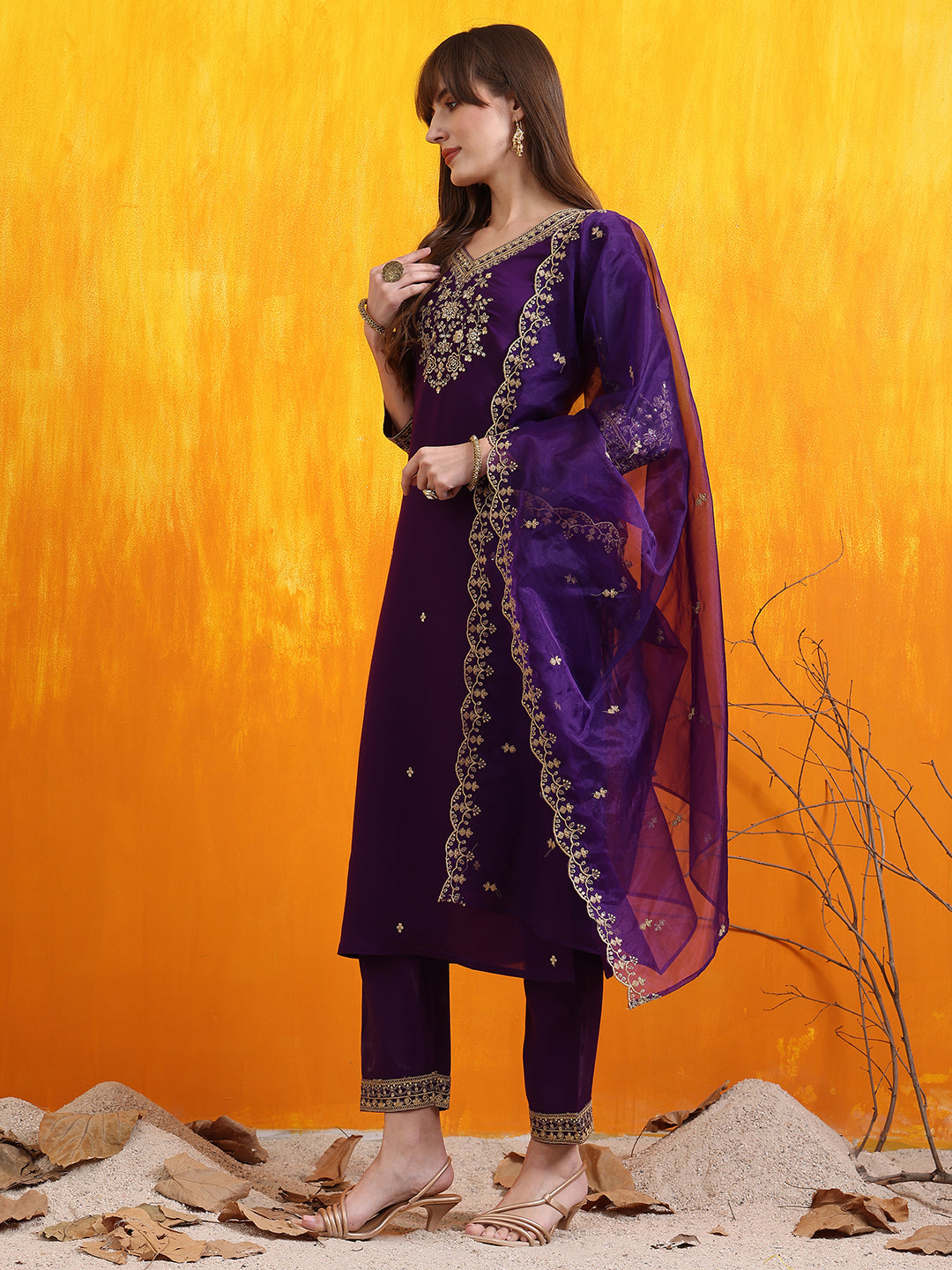 Sequined Embroidered Kurta With Pant & Embroidered Dupatta, Purple - Hiral Fashion - Distacart