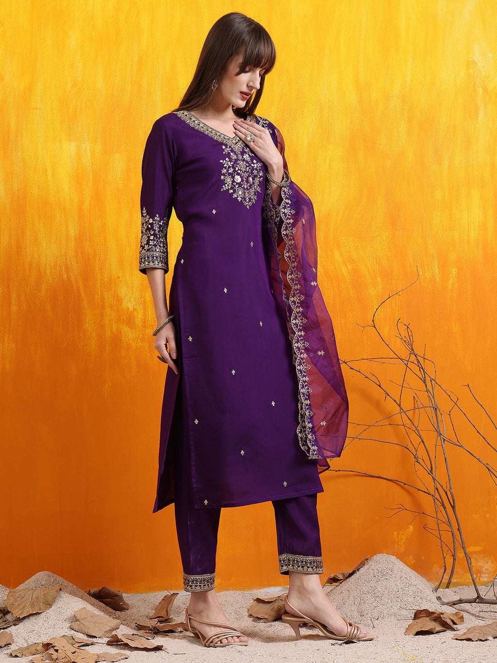 Sequined Embroidered Kurta With Pant & Embroidered Dupatta, Purple - Hiral Fashion - Distacart