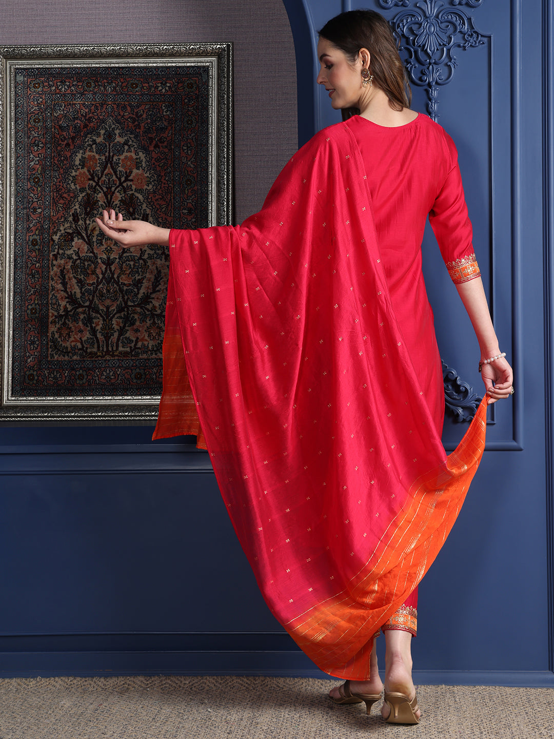 Embroidered Kurta With Pant & Two Toned Embroidered Dupatta, Pink - Hiral Fashion